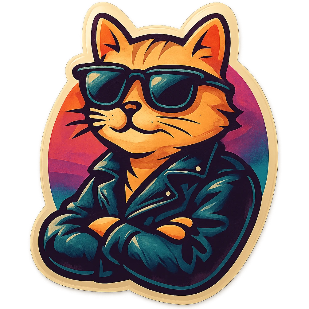 A cat with sunglasses in a cool, relaxed pose, wearing a leather jacket, urban street style. emoji