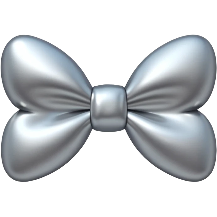 A cute bow emoji made of polished silver chrome, smooth rounded loops, glossy metallic surface, soft mirror reflections, subtle highlights, minimal and adorable proportions, iOS emoji style, centered composition, clean white background, soft studio lighting, no text, no outline, ultra high quality emoji