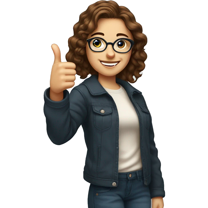 25 year old girl with brown wavy hair and a few light freckles, blue eyes, wearing round glasses, giving a thumbs up emoji