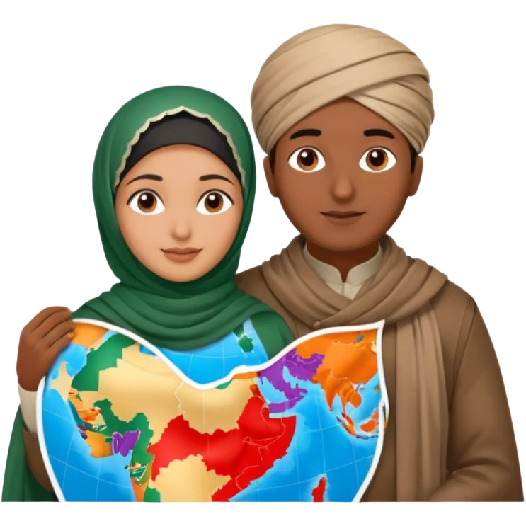 An emotional artistic illustration of an Indian man and an Afghan hijabi girl standing on the maps of India and Afghanistan, symbolically embracing despite the distance, showing love beyond borders. emoji