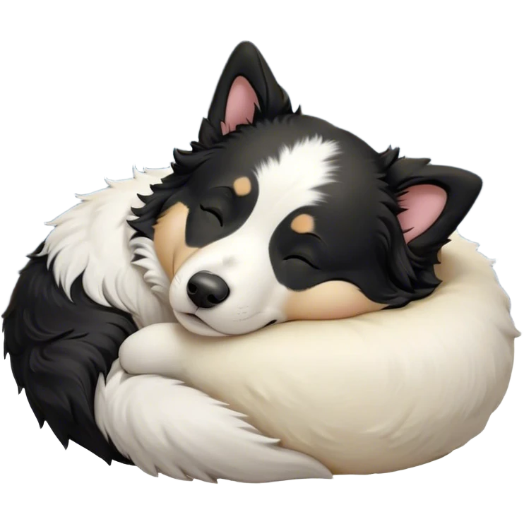 Cinematic Chubby Sleeping Border Collie Portrait Emoji, Chubby and serene, with a round, adorable build and a thick, plush black and white coat, eyes gently closed in peaceful slumber, Simplified yet irresistibly endearing features, highly detailed, glowing with a gentle, dreamy glow, high shine, relaxed and content, stylized with a touch of whimsy, bright and heartwarming, soft glowing outline, capturing the essence of a blissfully sleepy herder, so comically serene it feels like it could roll out of the screen and snore with adorable charm! emoji