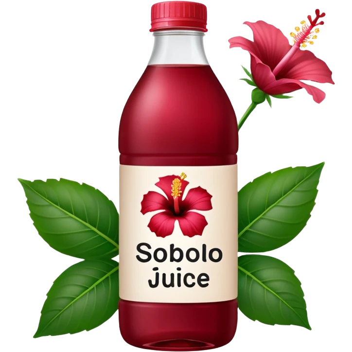 sobolo emoji (Ghanaian frink) in a plastic bottle and make the juice dark red  but a hibiscus on it and  write sobolo on it emoji