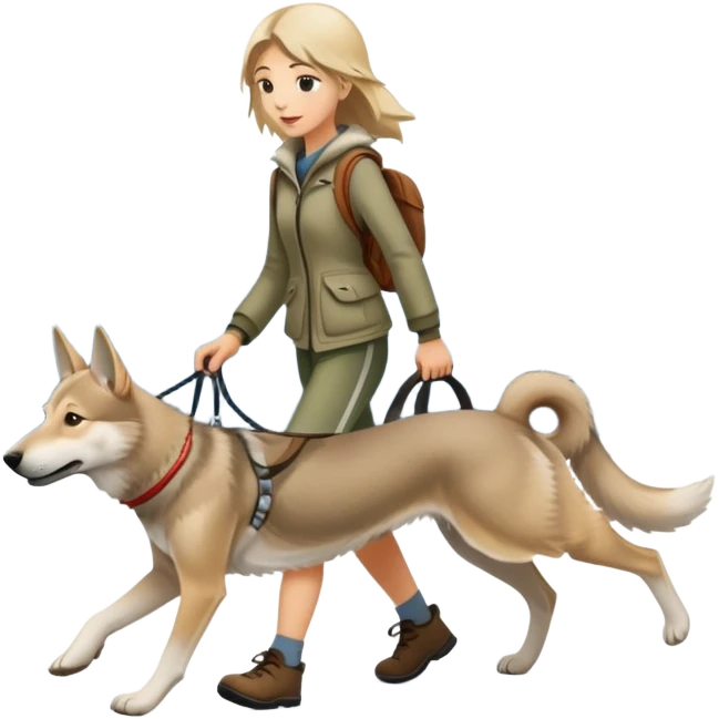 A girl walks a Czechoslovakian Wolfdog emoji