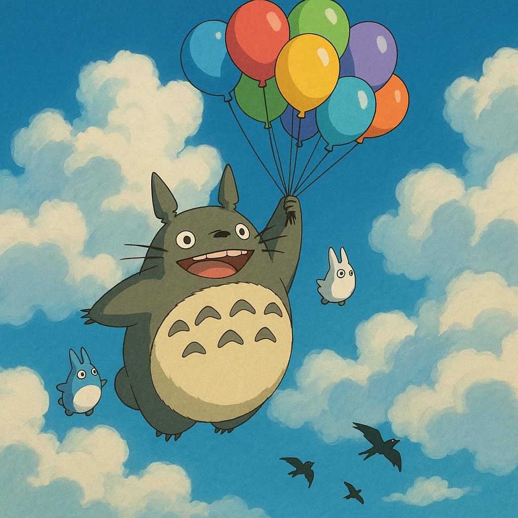 Totoro floating high in the sky, joyfully holding onto a bunch of colorful balloons, with small Totoros trailing behind him and fluffy clouds parting around them as birds fly nearby. emoji