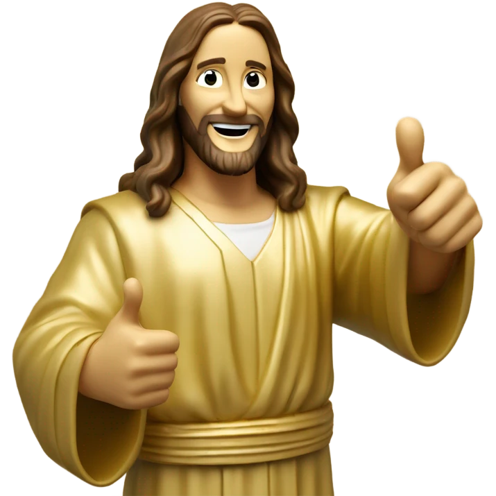 Buddy Christ holding up thumbs up with one hand pointing at you  with other, made of gold  emoji