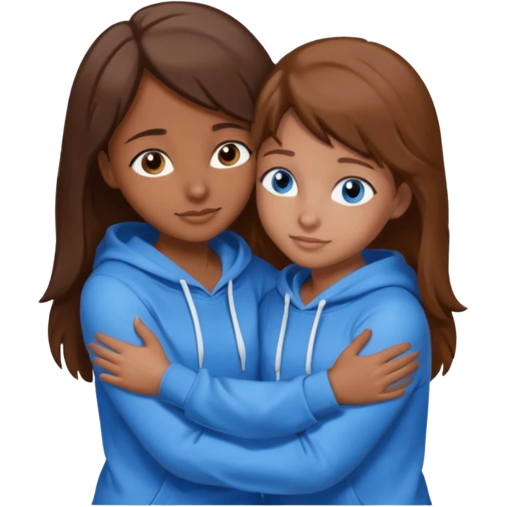 two Girls, Brown and Blonde hair, with Blue Eyes hugging one has Brown hair cute Hug another Version  Both Blue eyes and white hoddies emoji