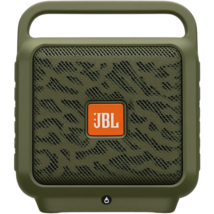 JBL Go 4 in woodland camouflage, simplified design, front view showing speaker grill, modern minimal approach, military style emoji