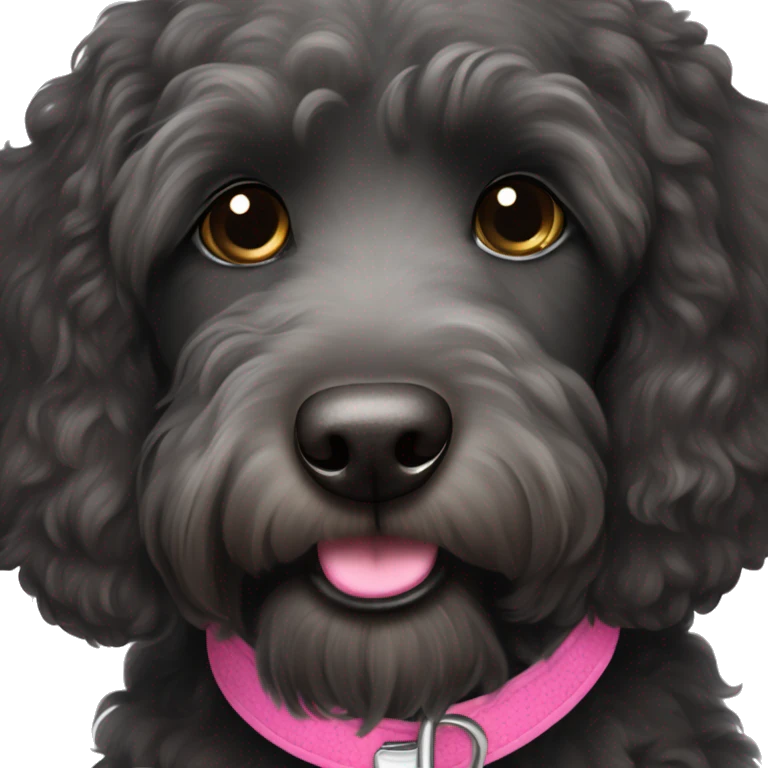 Black labradoodle female dog with a pink collar on with the name Bonnie emoji