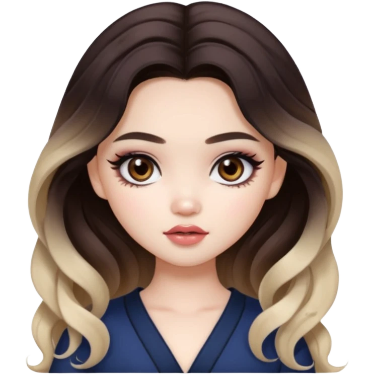 pale skin, girly bratz ASIAN vietnam baddie, beautiful dark brown eyes, pretty makeup, long dark to light ombré colored hair, wavy hair emoji