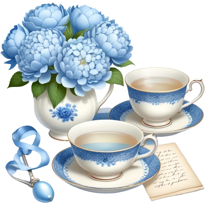 A serene still life of a vintage porcelain teacup with delicate blue floral patterns, resting on a lace tablecloth, accompanied by a handwritten love letter tied with a pearl ribbon and surrounded by white peonies and pale blue hydrangeas. emoji
