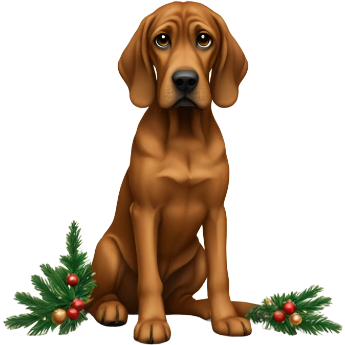 Brown bloodhound mix with lab sitting by Christmas tree  emoji