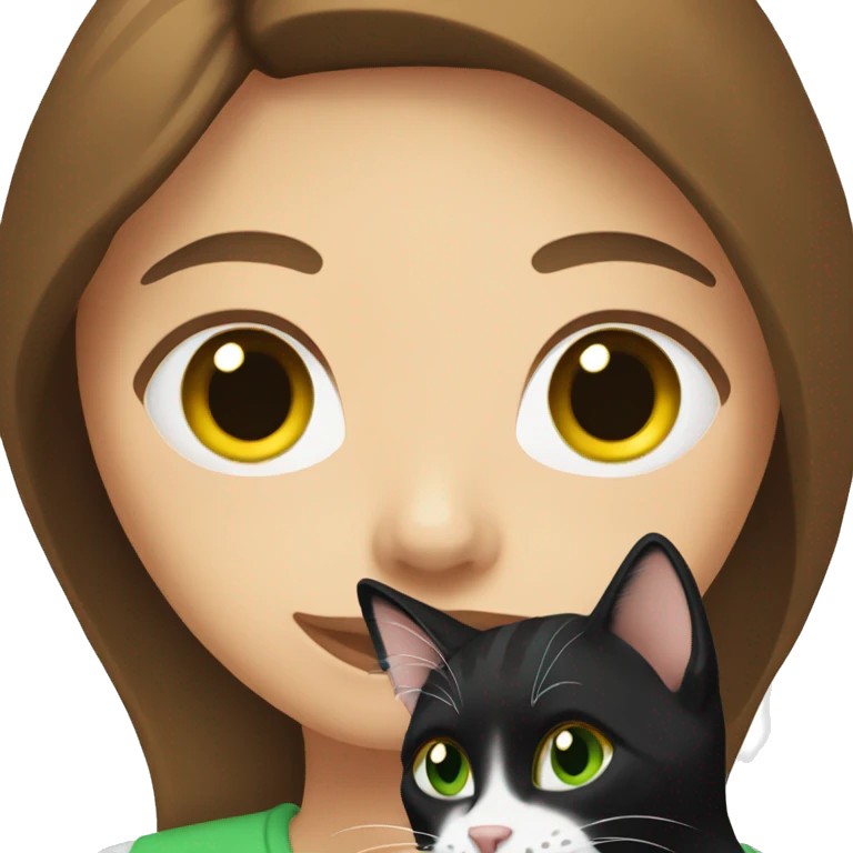 woman with brown hair holding a black and white cat. The woman is with green eyes. emoji