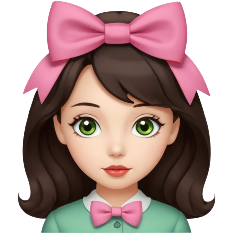 apple style emoji of a coquette girl with midi dark brown slightly wavy hair, bright skin, greenish hazel eyes, small cute lips, with a cute hair bow and soft makeup emoji