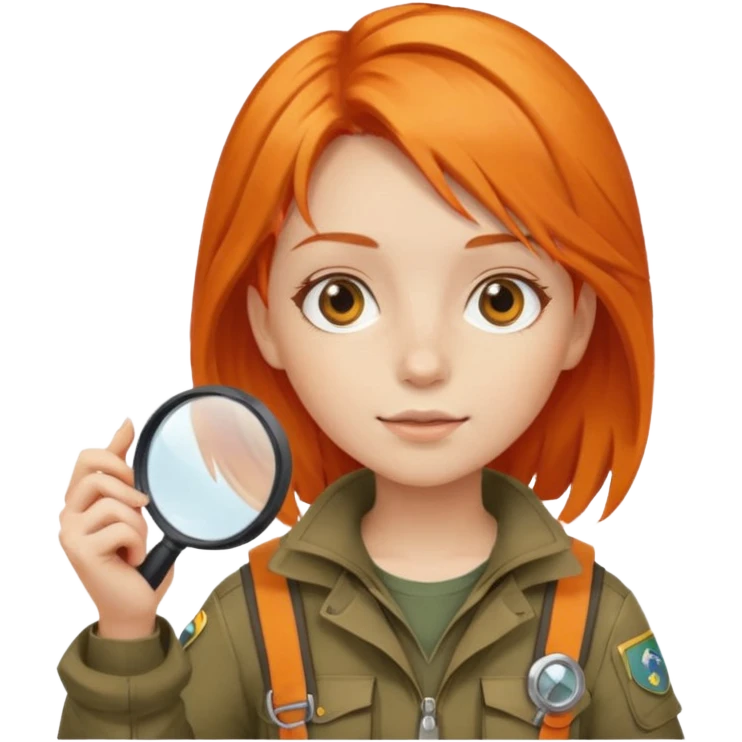 braid orange haired girl kid in explorer outfit, holding magnifying glass emoji