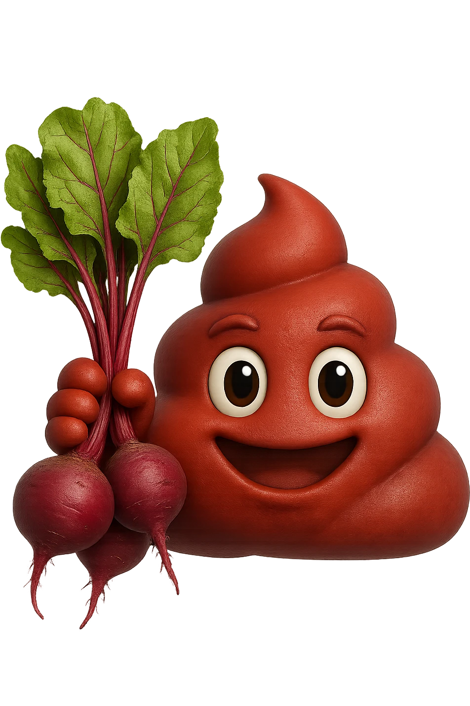 emoji stile iphone 3d di una cacca rossa con barbabietole in mano, iperrealistiche 4k emoji