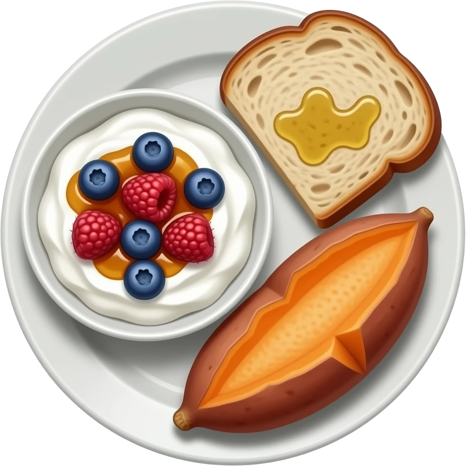 Realistic Plate with greek yogurt bowl topped with blueberries raspberries and maple syrup and sourdough slice topped with olive oil and a sweet potato on the side HD emoji