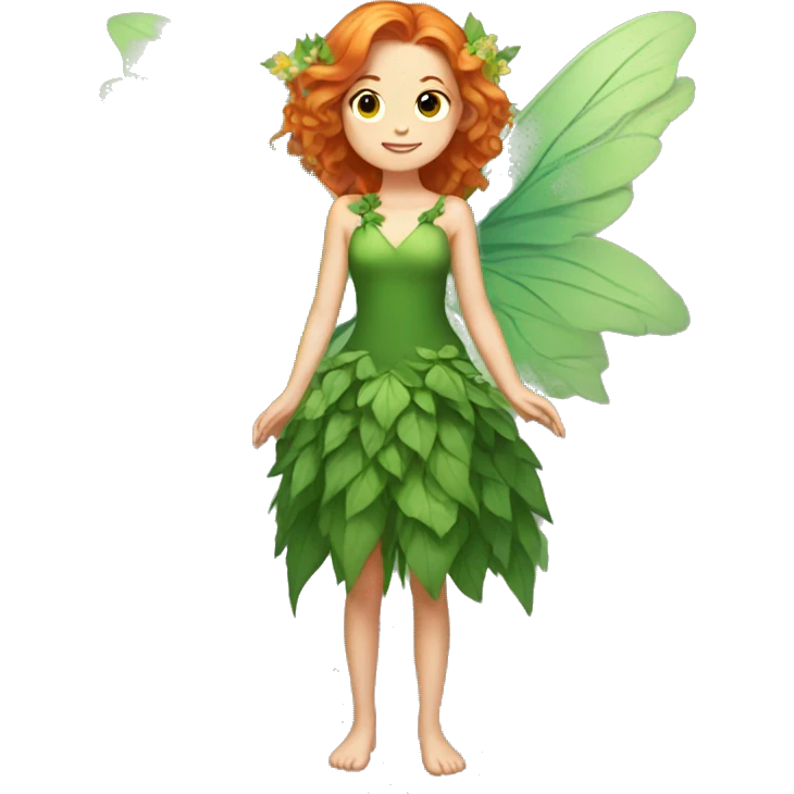 Beautiful, leaf, fairy, green wings, green dress, flowers, shoulder length hair, big wings, ginger hair emoji