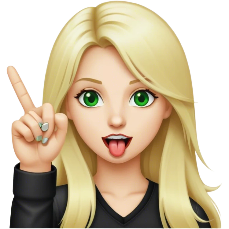 Realistic long blonde hair girl with green eyes with tongue out showing rock n roll fingers  emoji