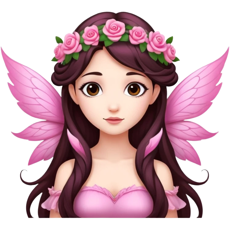 Beautiful, rose, fairy, pink, flowers in hair, long dark brown hair, big wings, fair skin emoji