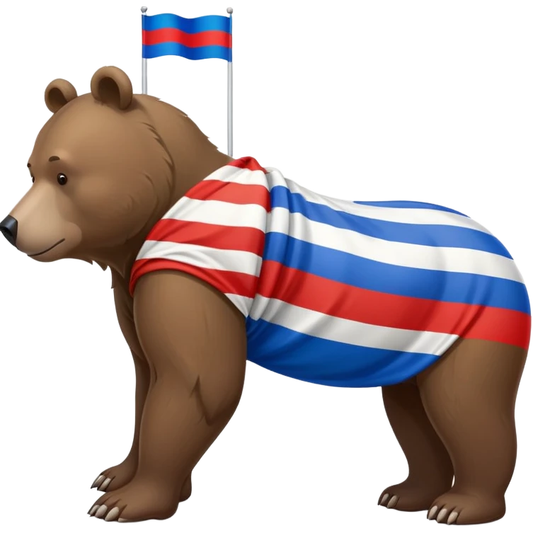 Medium brown bear on all four legs with Russian flag (white, blue, red horizontal stripes) draped over its back, minimalist style, side view emoji