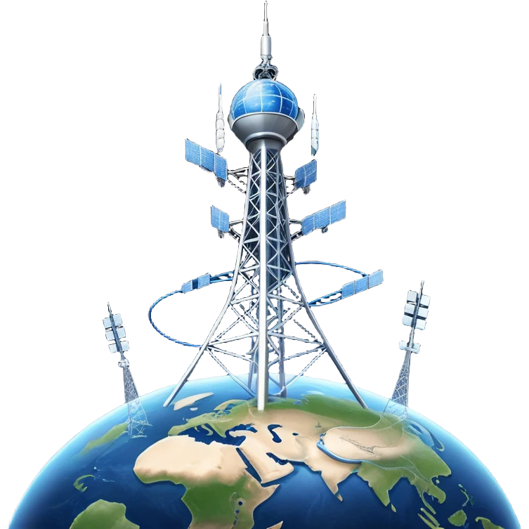 An icon featuring a communication tower with signal waves, satellites in orbit, and fiber optic cables. The design includes a smartphone and an earth with connection lines, symbolizing global communication networks. Transparent background  emoji