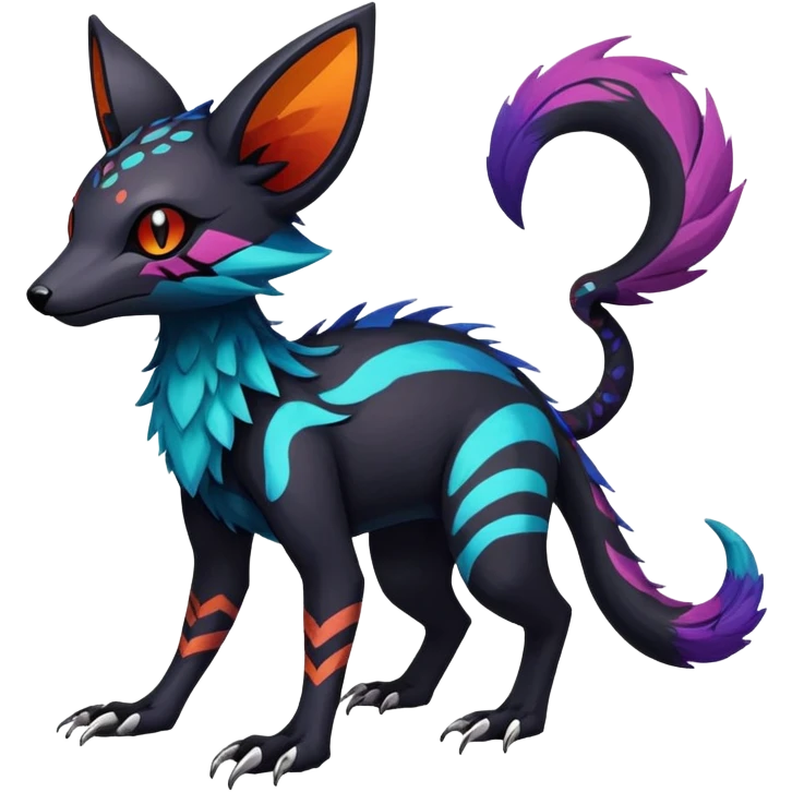 Rare realistic exotic edgy dark gothic gloomy epic pretty beautiful handsome gorgeous aesthetic colorful vibrant Vernid-Trico-species-Fakemon-creature by LiLaiRa, 4 legs, 1 tail, random markings, (full body) emoji