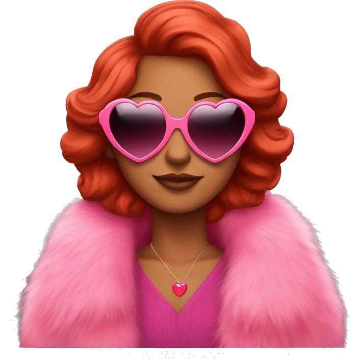 Red hair brown skin wearing pink fur coat and heart shaped sunglasses emoji