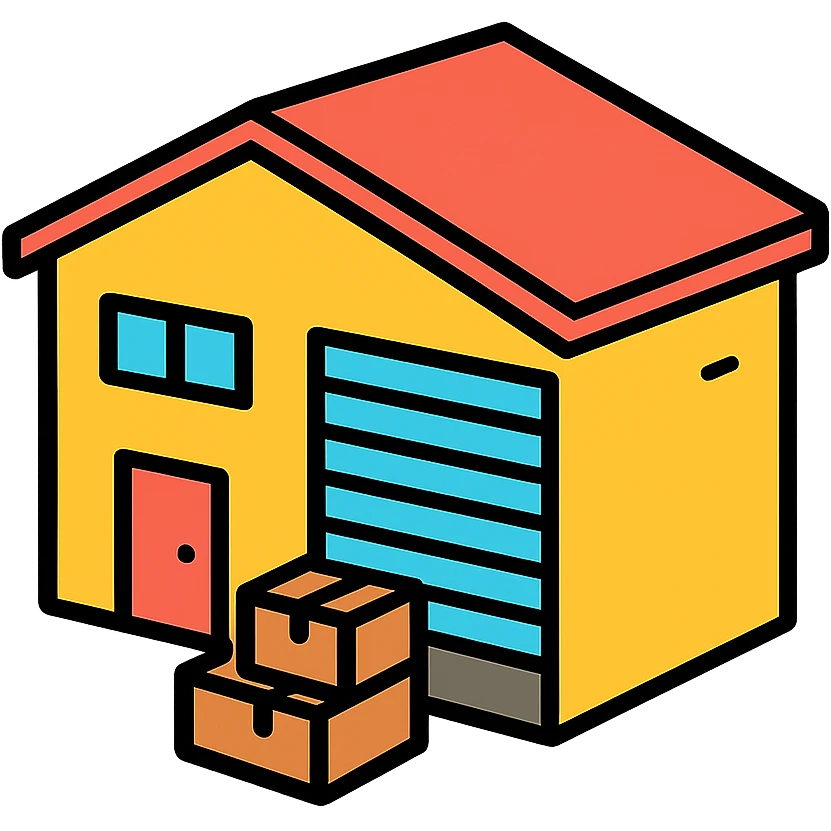 isometric warehouse with loading dock, overhead door, and small office area emoji