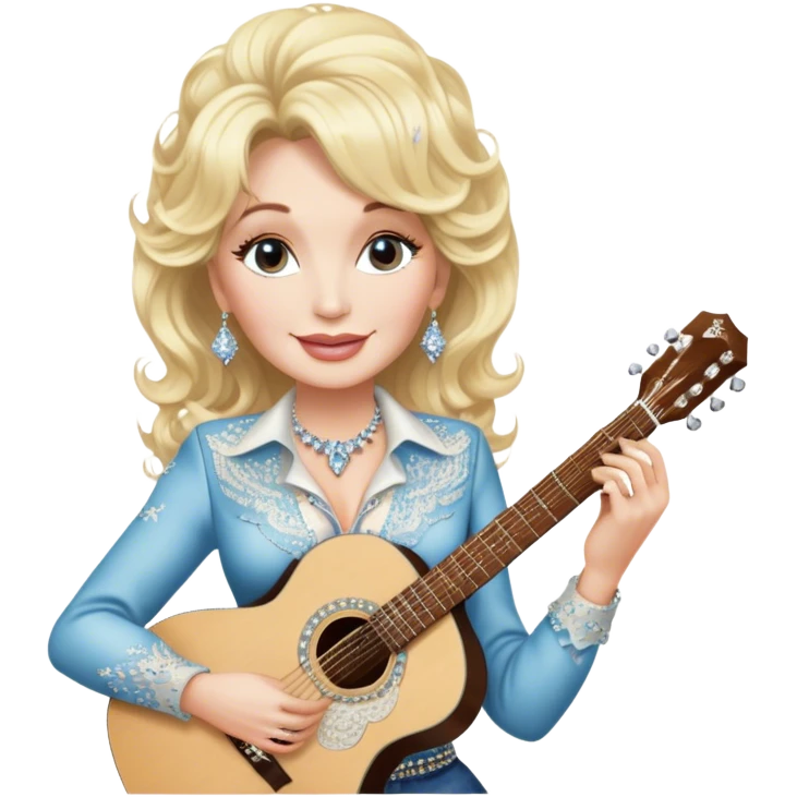Icon for Country Music: Dolly Parton with her signature blonde curls, wearing a rhinestone-embellished outfit, holding an acoustic guitar. A classic country backdrop with musical notes, emphasizing her legendary status. Transparent background. emoji