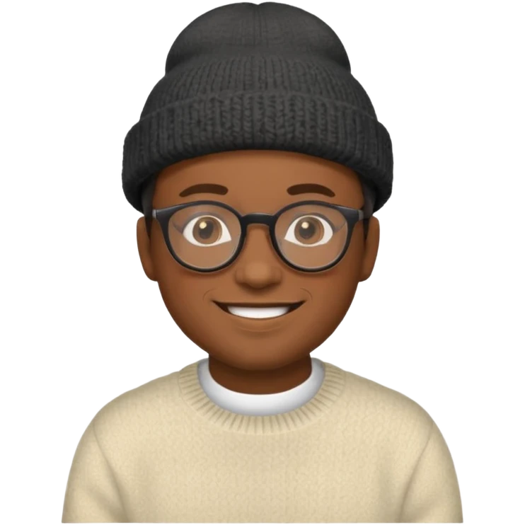 black man with glasses, smiling, wearing a hat and sweater, Soul movie inspired, emoji style emoji