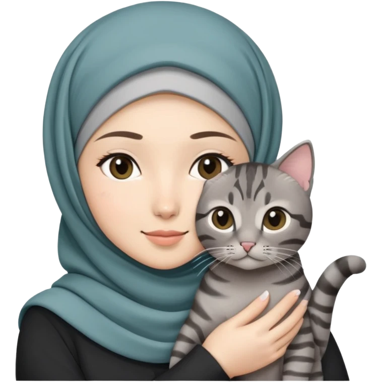 Asian White girl wearing hijab holding a black grey tabby cat emoji