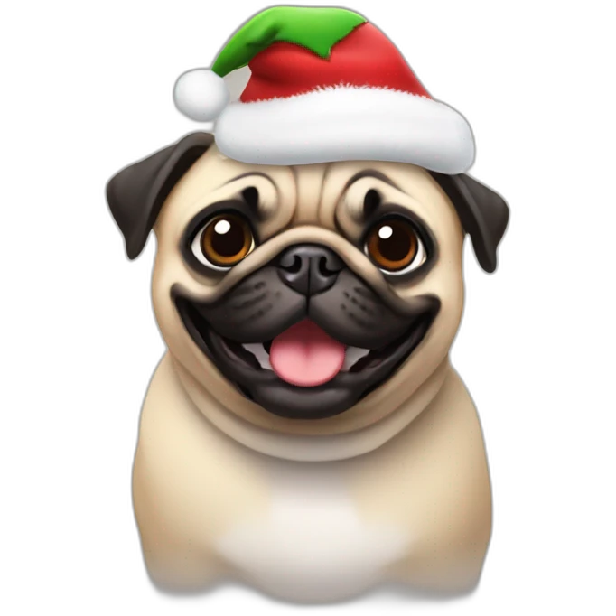 Pug smiling with christmas hat emoji