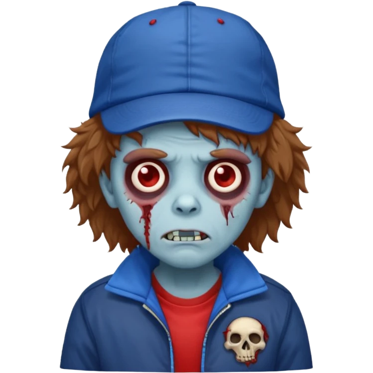 brown fluffy hair zombie with blue and white hat dark blue jilet red t shirt emoji