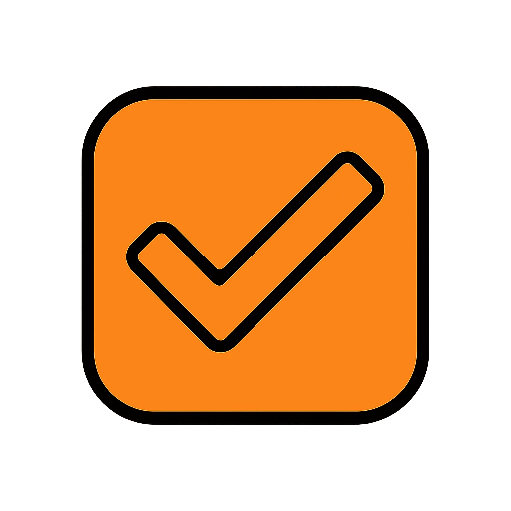 check mark icon, flat design, color #ff7f00 orange, no text emoji