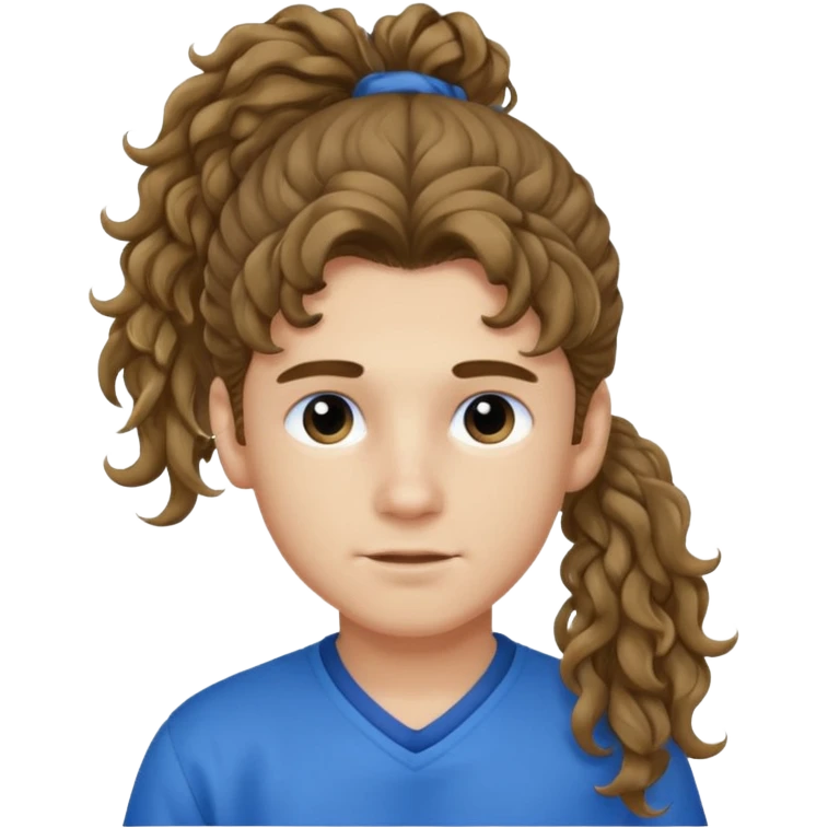 یه پسر با موهای  بلند و فرفری با لباس ابی موهاش رو دُم اسبی  بسته باشه emoji