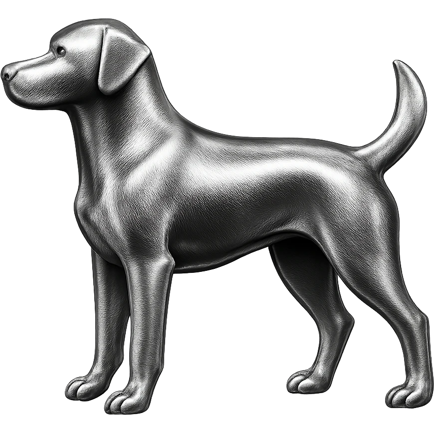               Apply a high-end, photorealistic metallic chrome material to the provided {subject}. The material should have a smooth, slightly curved surface with subtle reflections and soft shadows, resembling brushed or polished silver metal. Preserve the exact shape, proportions, and design of the original object. Set it against a solid black background (#000000) in 8K resolution. The lighting should enhance the beveled edges and reflective highlights, creating a sleek, premium finish. {subject} = dog emoji