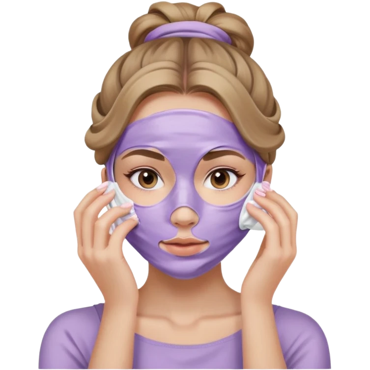 caucasian girl with long wavy dark blonde hair in messy bun applying lilac skincare mask covering entire face emoji
