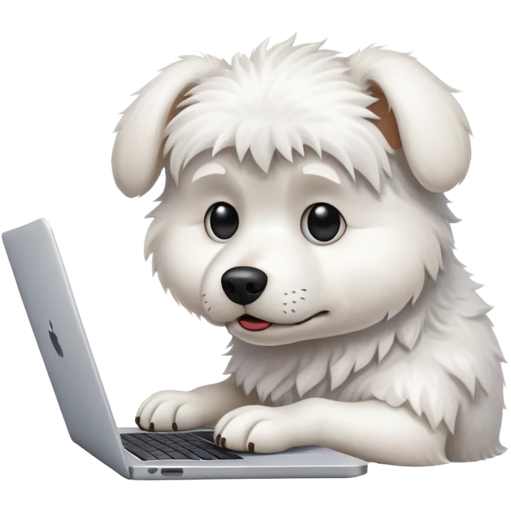 A busy white dog typing on a laptop looking stressed and overwhelmed emoji