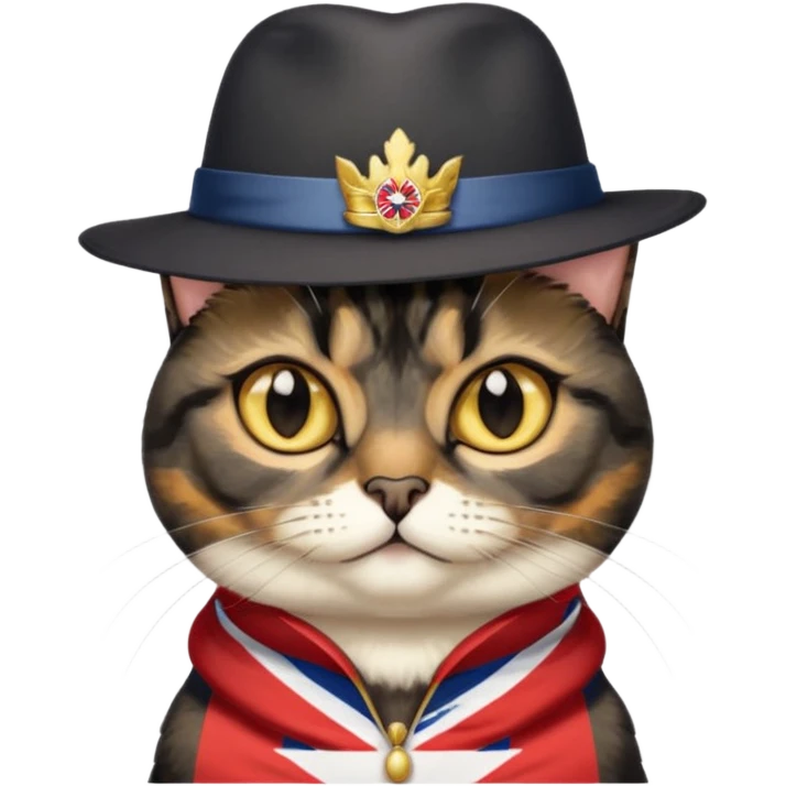 mostly black tortie cat, gold eyes, british hat emoji