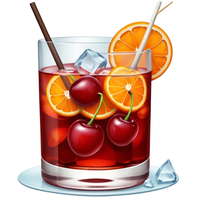 Mach mir einen Cherry Negroni mit viel Eiswürfeln und nur einer einzigen Scheibe Orange im Glas und einer Kirsche als Deko emoji