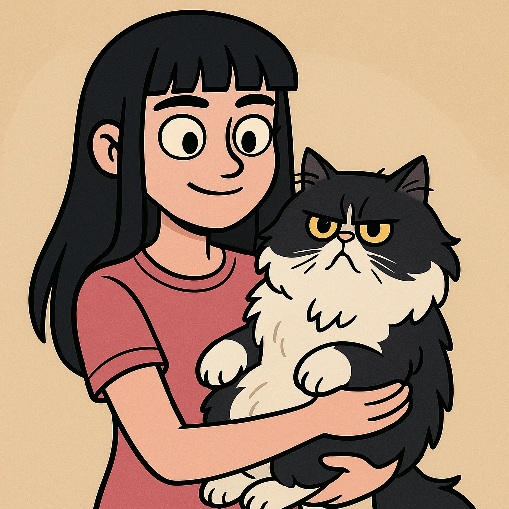 a girl with nearly black long hair and bangs, carrying a fluffy black and white Persian cat, modern cartoon style emoji