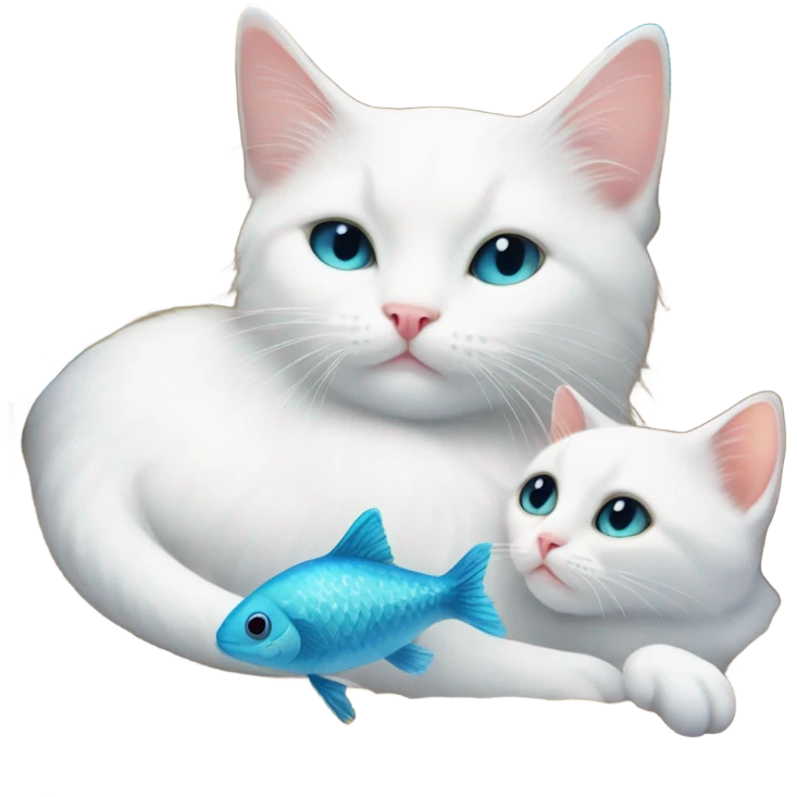 A white kitten snuggled up to a white cat. Both cats are surrounded by many colourful fish  emoji