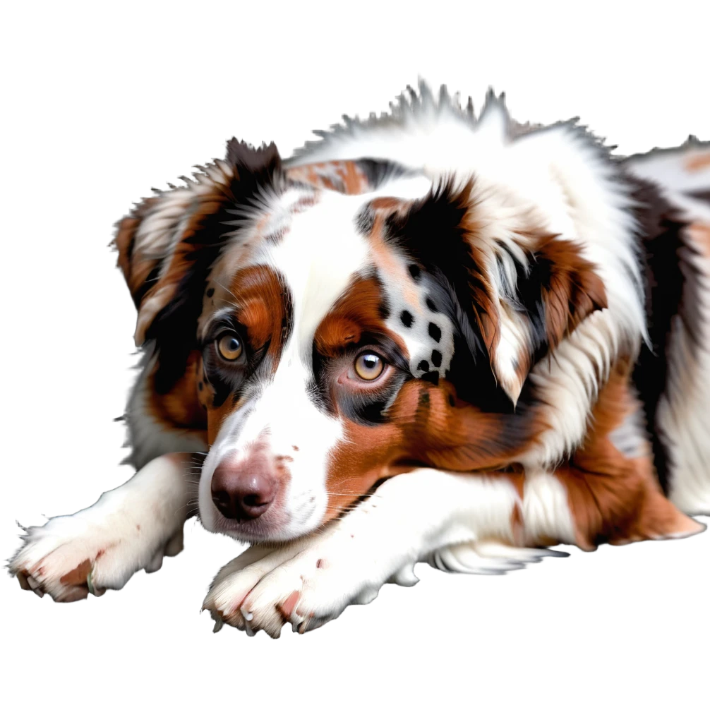 Red merle Australian Shepherd dog laying down, copper and white spotted coat emoji