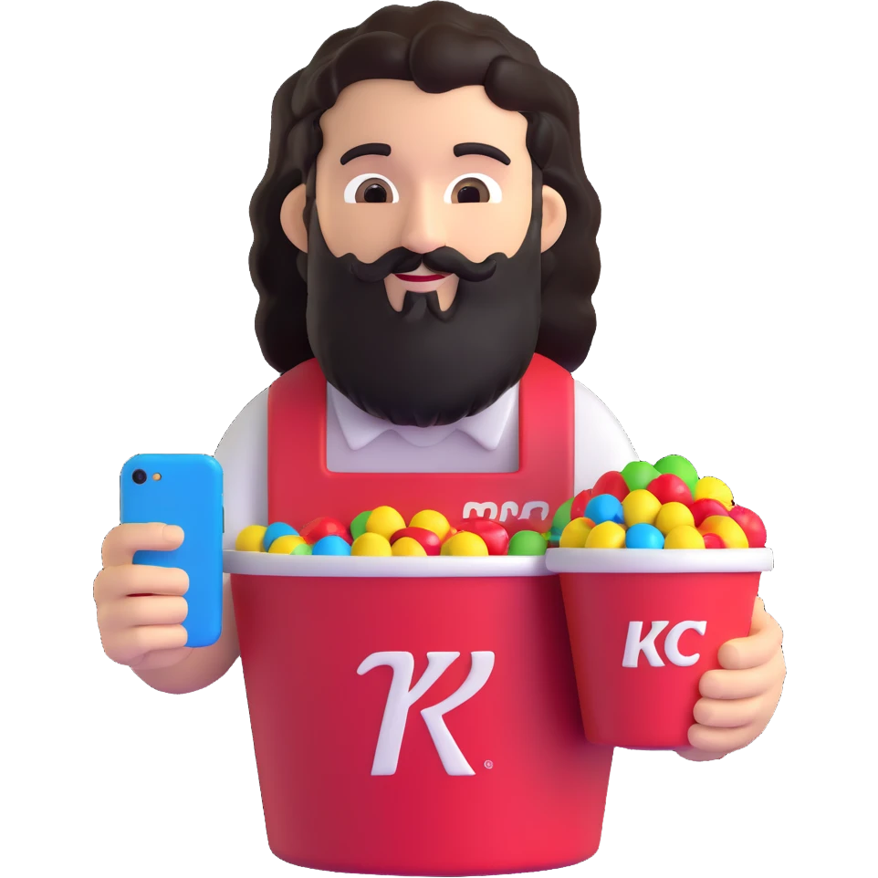 KFC bucket with a green M&M character sitting inside it, the M&M has a black beard, curly hair, and is holding an iPhone emoji