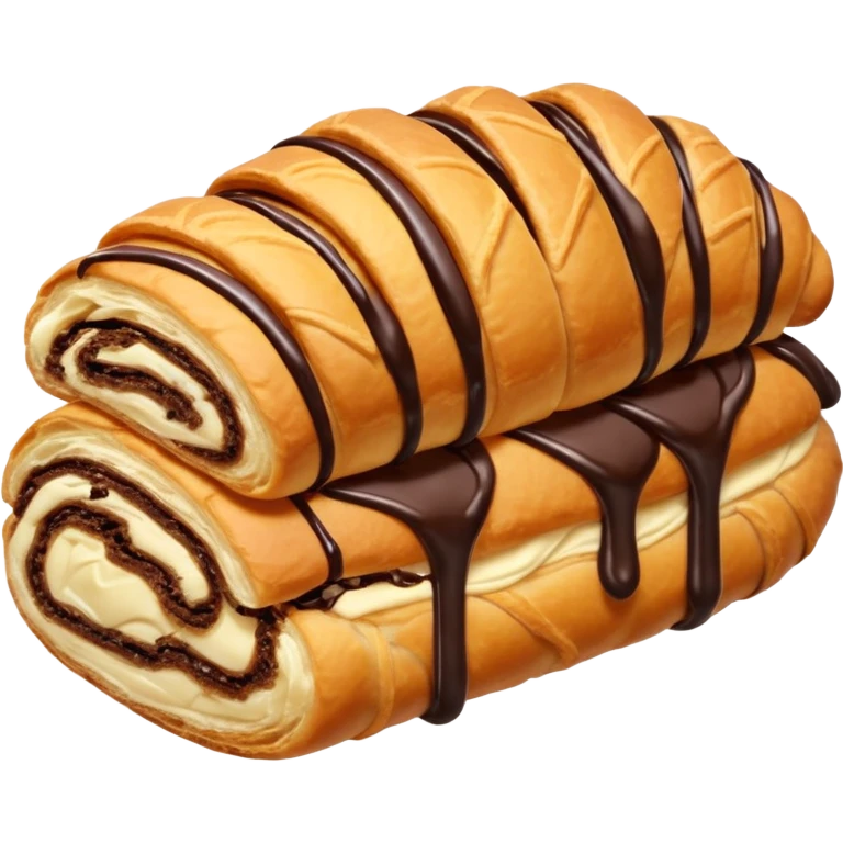  Chocolate-filled croissant roll, golden flaky pastry, chocolate drizzle on top, bite taken, white background, realistic food photo emoji