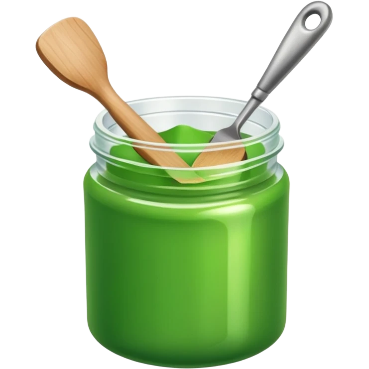A small open plastic jar of vibrant green wax, wooden spatula inside emoji
