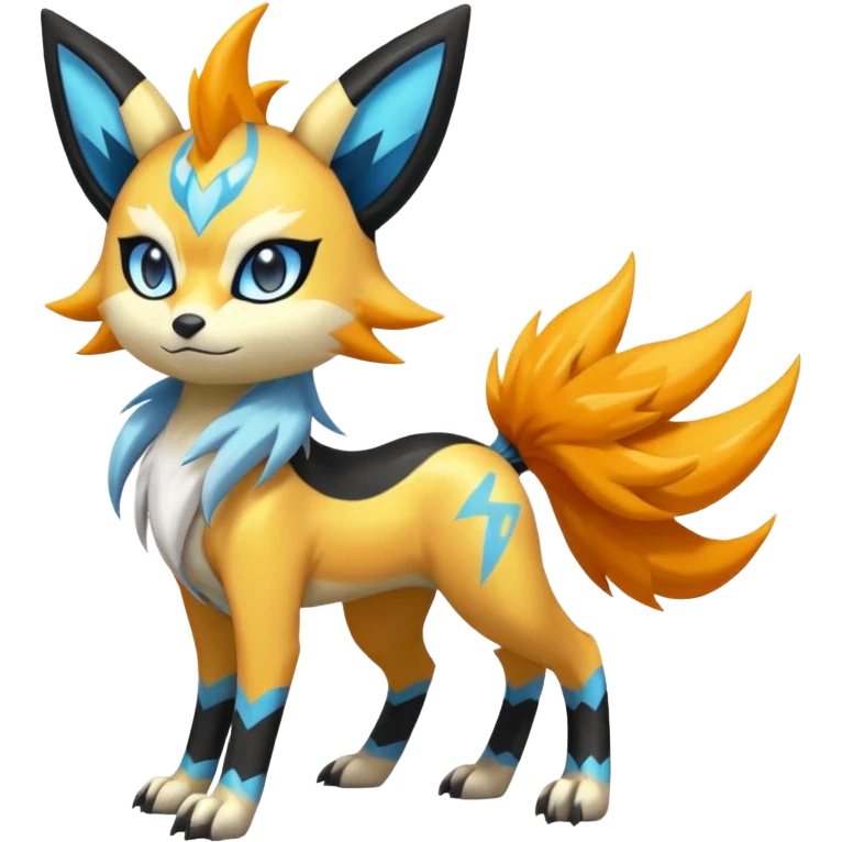 Feral Lightning-patterned Zig-zagged buzzy fuzzy Meloetta-Renamon-Zeraora-Luxray-Cobalion-Suicune-Vernid-fusion-hybrid-creature, full body  emoji
