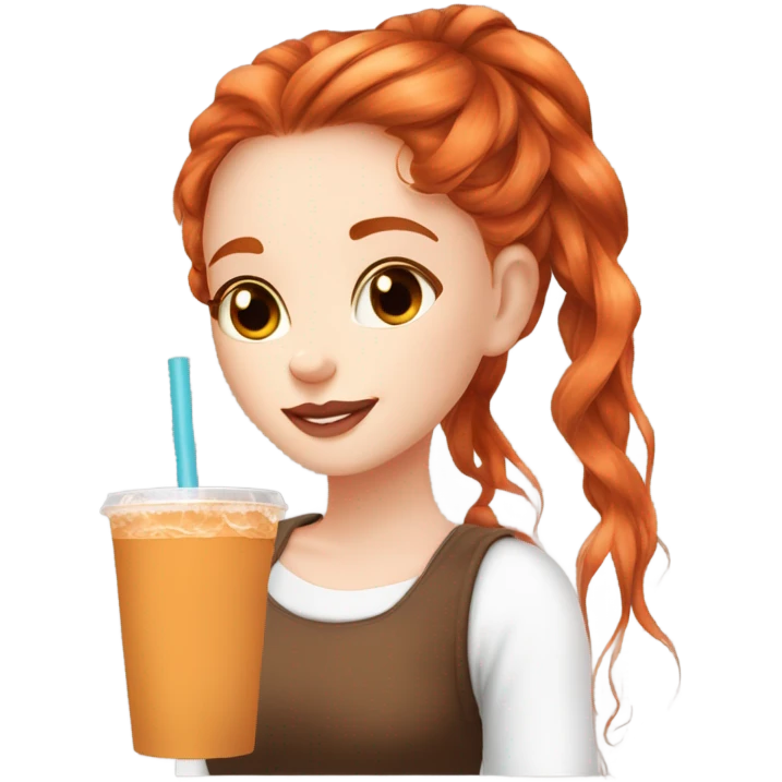 Beautiful fair skin long orange red hair girl brown eyes fair skin girly beautiful drinking straw iced ice coffee clean white beautiful emoji