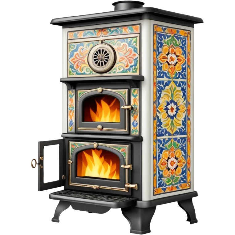 Ornamental European coal stove from the 1900s with ceramic tile decorations, tall design with metal door and coal burning inside emoji