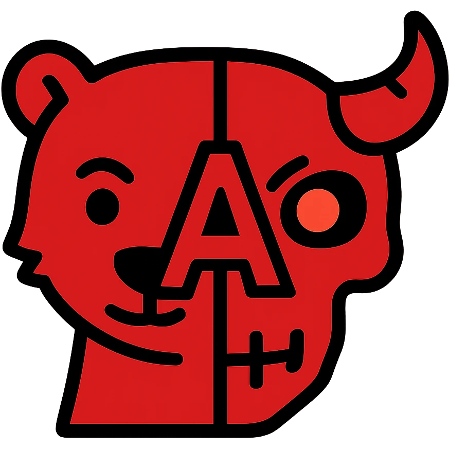 the left half of a stoat face looking forward merged with the right half of a minotaur skull with a broken horn and a red glowing eye in the eyesocket, and the letter A positioned right in the middle between both halves, the entire icon is completely red with no other colors emoji